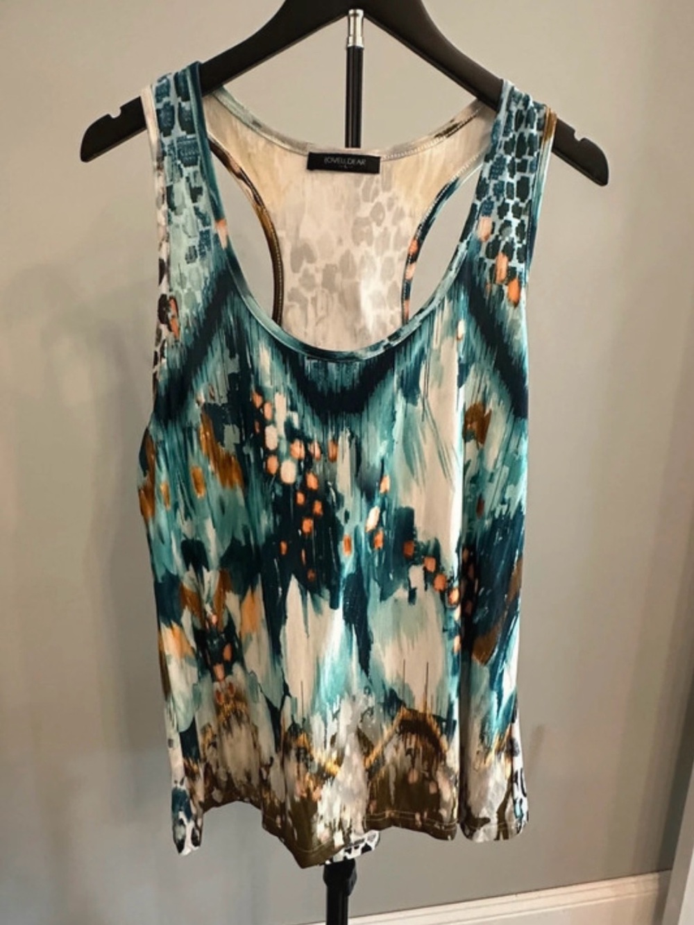 Just Cavalli Teal, White & Brown Abstract Racerback Tank